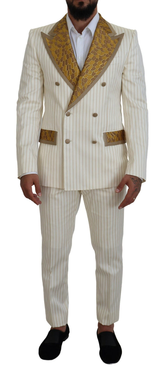 Off White Gold Striped Tuxedo Slim Fit Suit