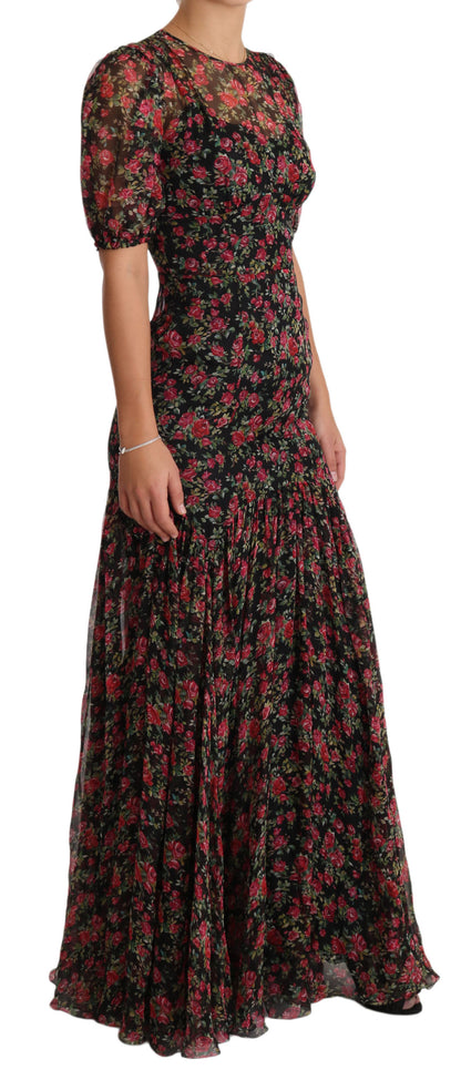 Elegant Black Silk Floral A-Line Gown