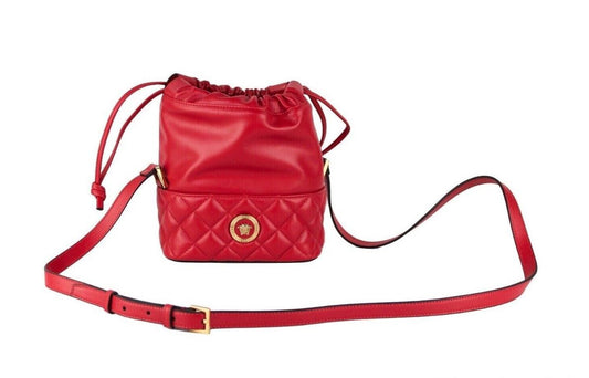 Red Quilted Leather Drawstring Shoulder Bag Bucket Crossbody Handbag