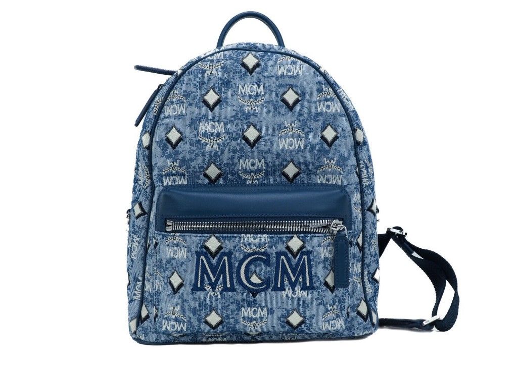 Stark Small Blue Vintage Jacquard Monogram Logo Fabric Backpack Bookbag