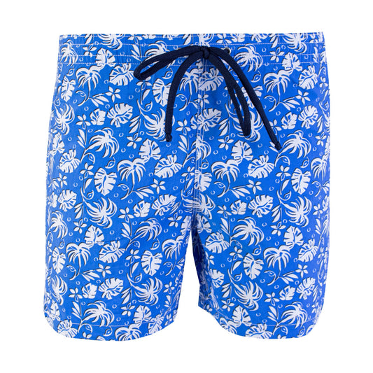 Elegant Blue Leaf Print Swim Shorts