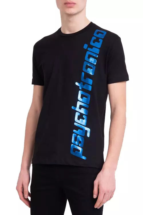 Sleek Black Cotton Tee with Bold Blue Accent