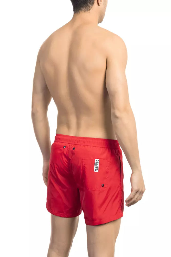 Sleek Red Tape-Trim Swim Shorts
