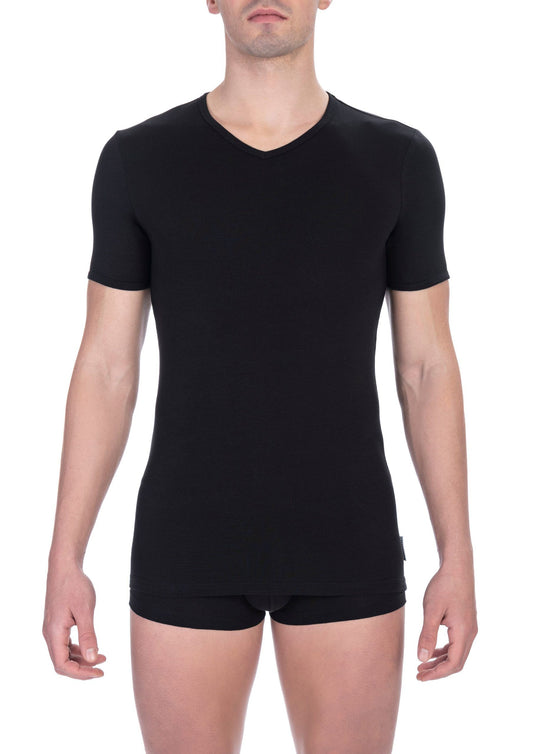 Sleek V-Neck Cotton Blend T-Shirt - Black