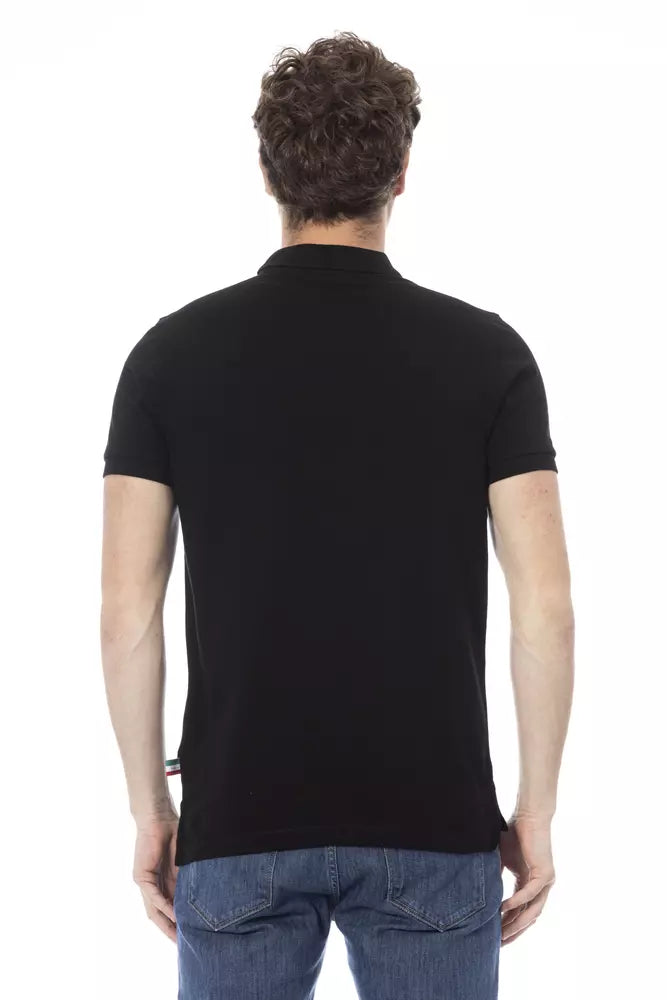 Elegant Black Cotton Polo with Front Embroidery