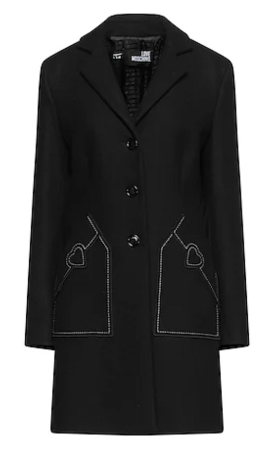 Chic Wool Blend Black Coat with Heart Detail