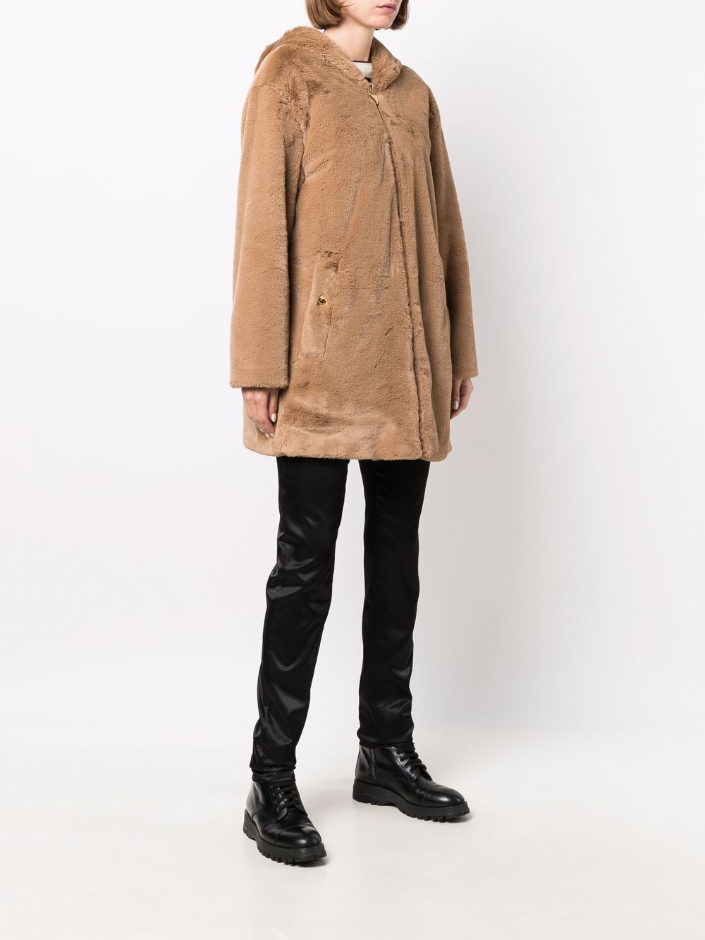 Elegant Beige Faux Fur Hooded Coat