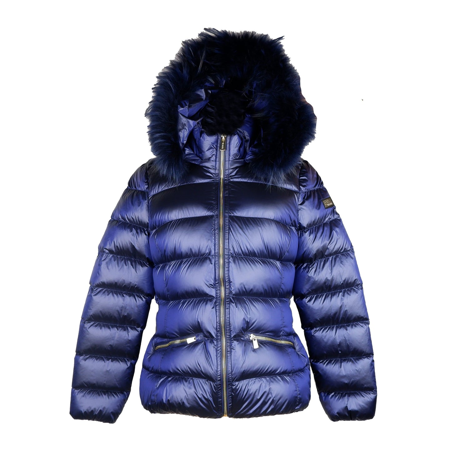 Elegant Blue Fur-Trimmed Nylon Jacket