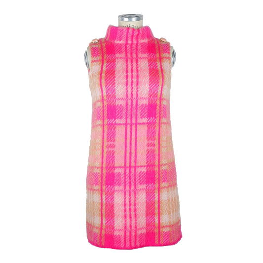 Chic Sleeveless Tartan Knit Dress with Pink Accents