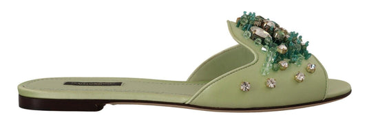 Green Leather Crystals Slides Women Flats Shoes
