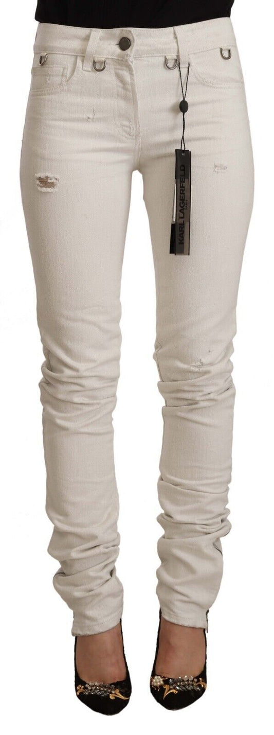 White Mid Waist Cotton Denim Slim Fit Jeans