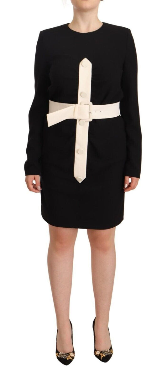 Black Wool Long Sleeves Belted Mini Sheath Dress