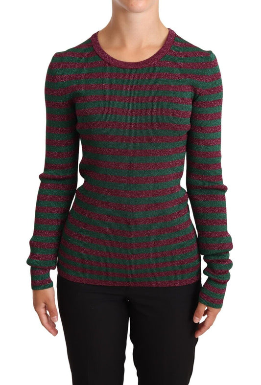 Elegant Maroon and Green Striped Crewneck Sweater