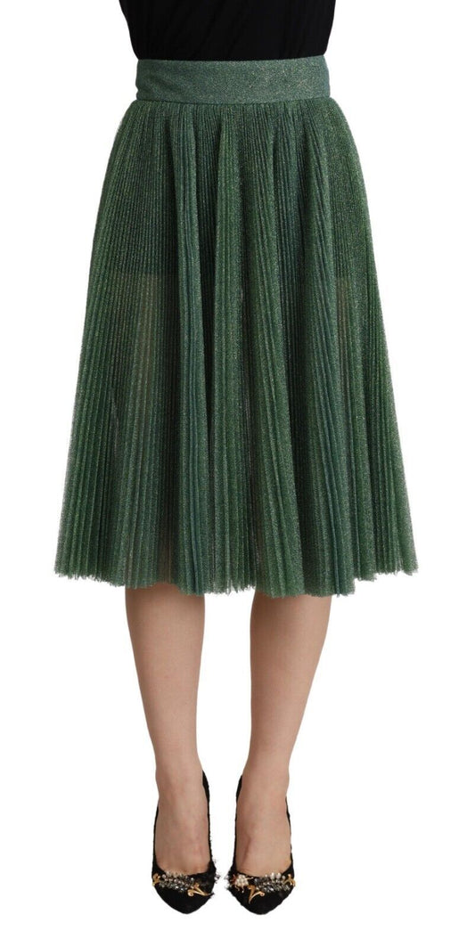 Metallic Green Pleated A-Line Midi Skirt