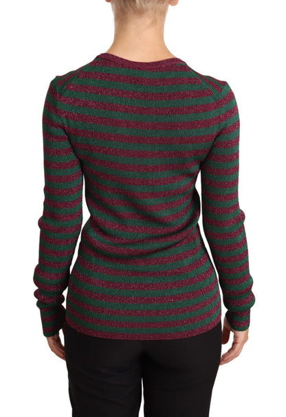 Elegant Maroon and Green Striped Crewneck Sweater