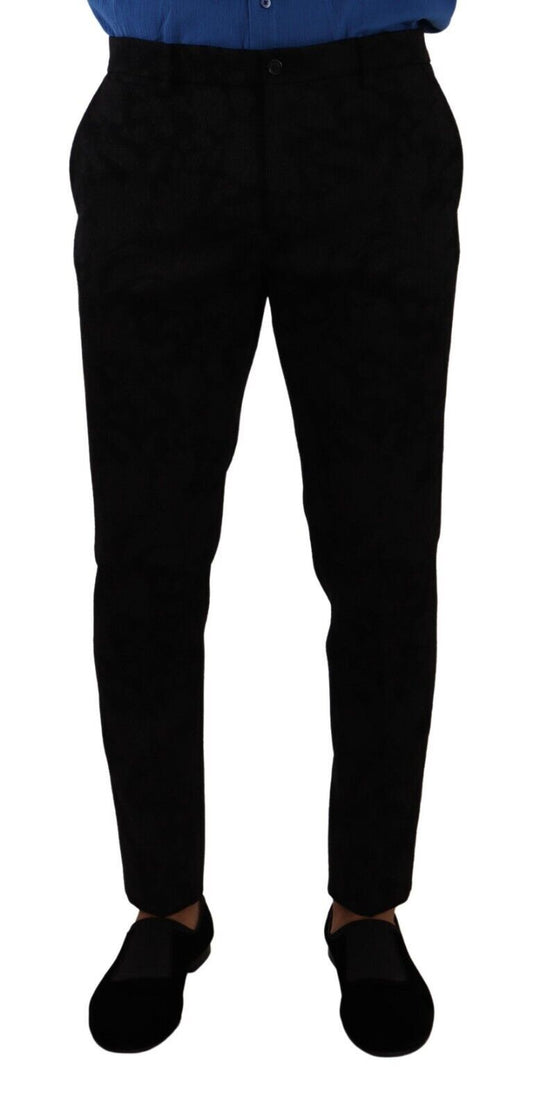 Elegant Slim Fit Dress Pants in Black Brocade