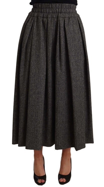 Elegant A-Line Midi Wool Skirt in Gray Zigzag
