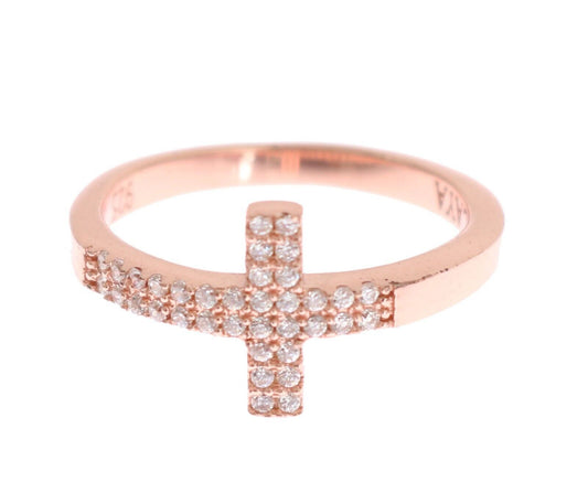 Pink Gold 925 Silver Womens Cross CZ Ring