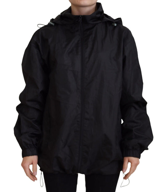 Black Printed Nylon Hooded Bomber Jacket