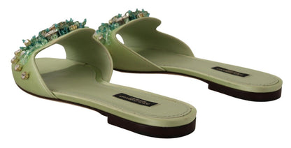 Elegant Crystal-Embellished Green Leather Slides