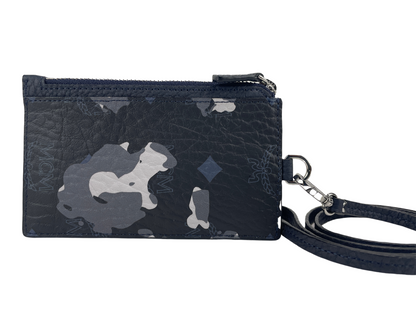Portuna Visetos Black Floral Camo Leather Card Case Necklace Lanyard Wallet