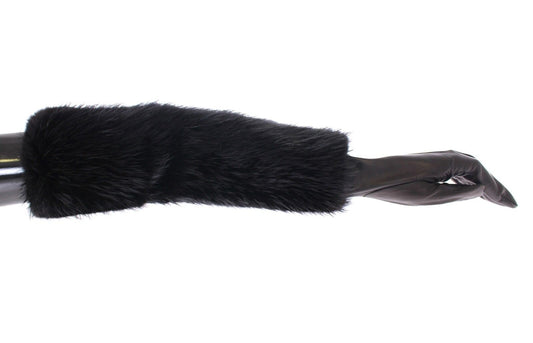 Black Beaver Fur Lambskin Leather Elbow Gloves