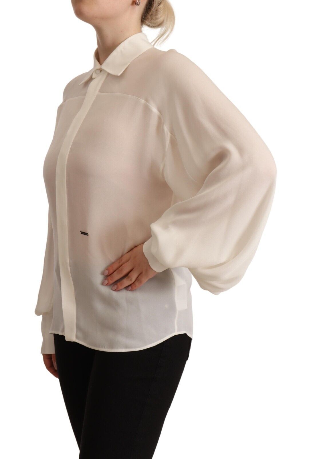 Elegant Off White Silk Long Sleeve Blouse