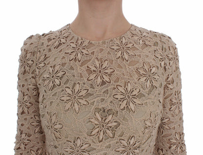 Beige Floral Lace Sheath Maxi Dress