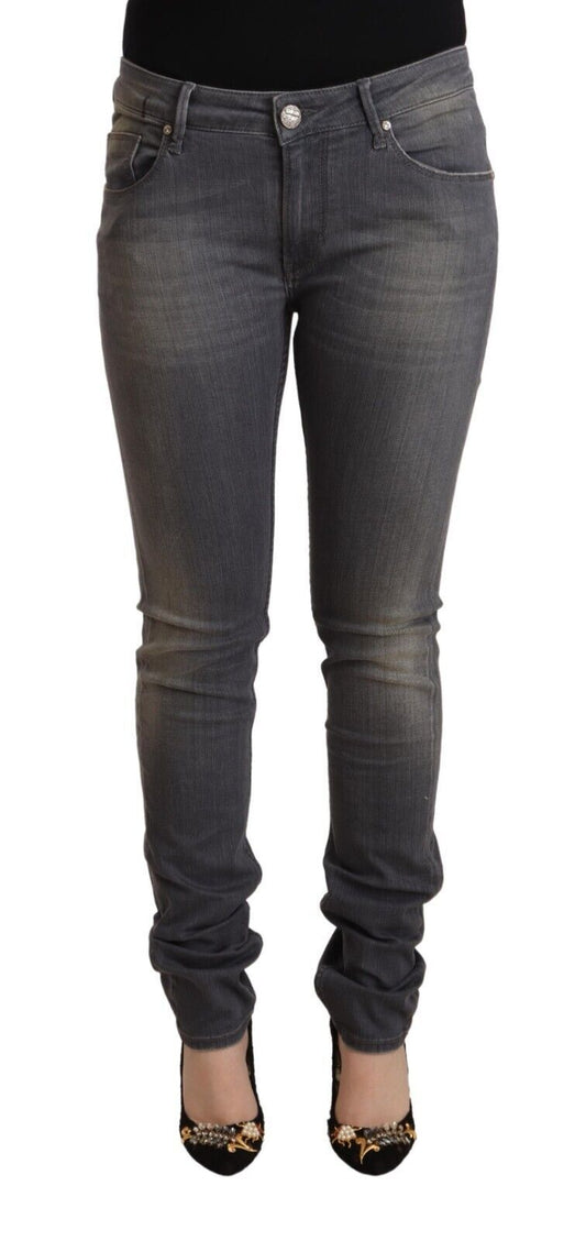Elegant Dark Gray Skinny Jeans - Low Waist Zip Closure