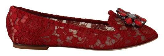 Red Lace Crystal Ballet Flats Loafers Shoes