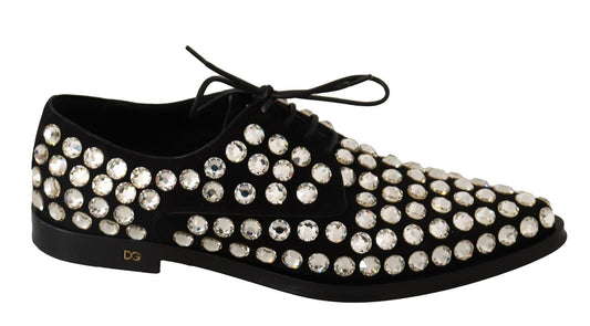Black Leather Crystals Lace Up Formal Shoes
