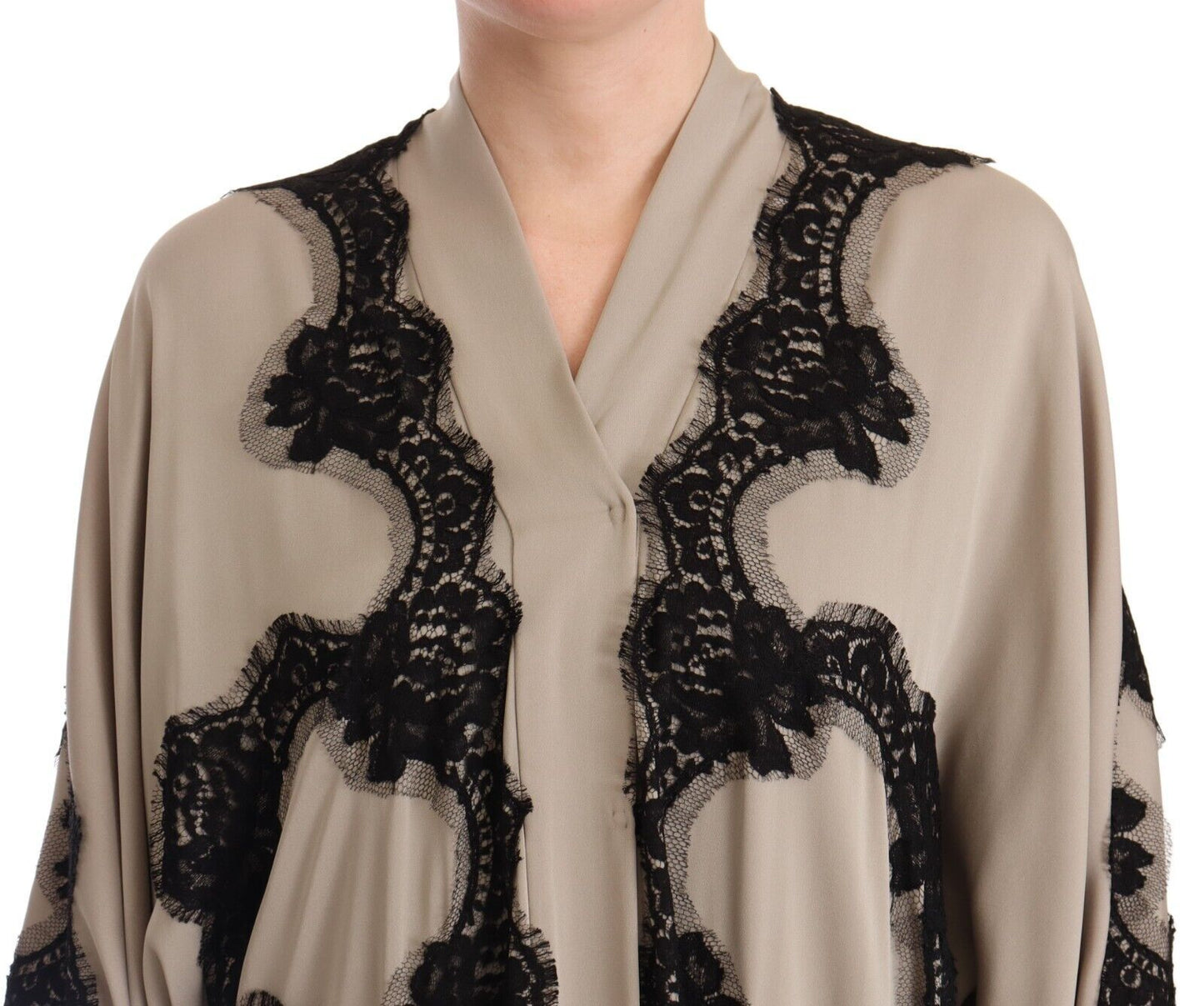 Elegant Beige Embroidered Lace Kaftan Dress
