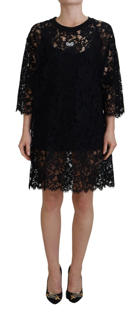 Elegant Black Floral Lace Shift Dress