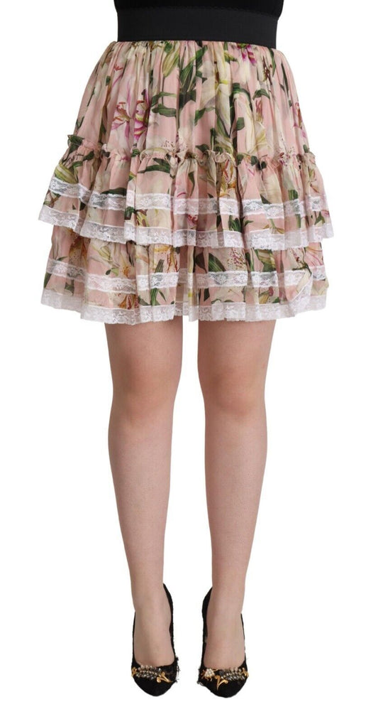 Elegant Lily Print Tiered A-Line Mini Skirt