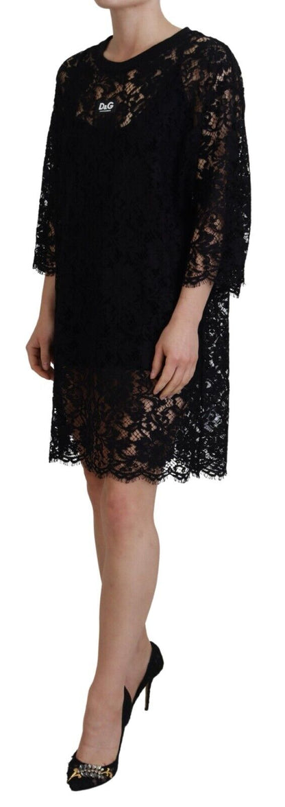 Elegant Black Floral Lace Shift Dress
