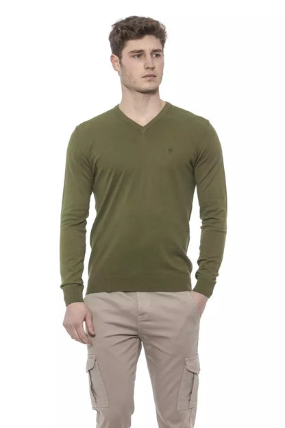 Elegant V-Neck Green Cotton Sweater