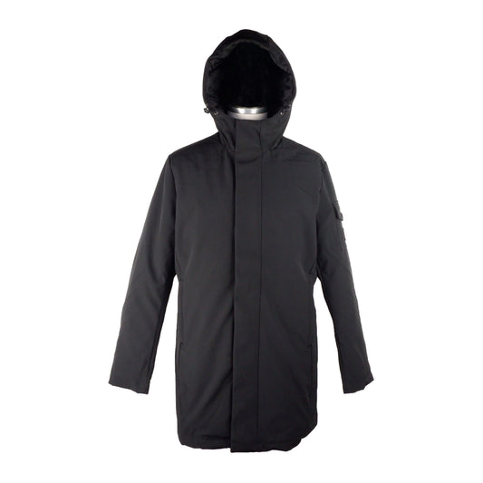Sleek Hooded Long Jacket with Zip and Button Closure