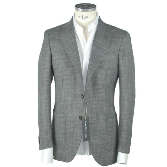 Elegant Gray Slim Wool-Linen Blend Blazer